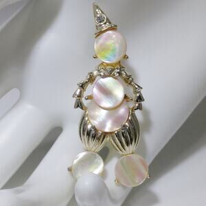 1960s Mother of Pearl Clown Brooch Gold Tone Rhinestone Hat Vintage Figural
